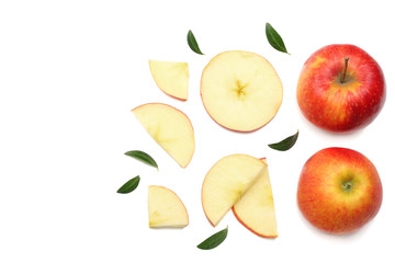red apples with slices isolated on white background. top view