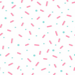 Seamless pattern with pastel color confetti sprinkles. Minimal line shape and dots. Geometric scrapbook design.  Donut glaze background..