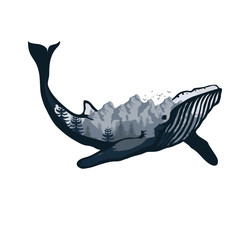 Fototapeta premium whale double exposure. Wildlife for your design, outdoors symbol whale double exposure. Vector graphics to design.