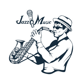 jazz player with saxophone. Saxophone player. Lettering with a microphone. Silhouette of a musician Vector graphics to design.