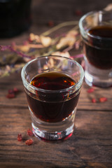 Herbal bitter liqueur with different natural ingredients.