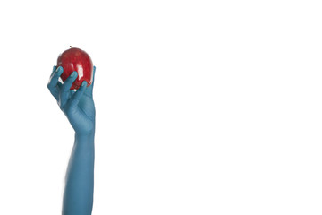 Blue Hand Holding Red Apple