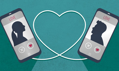 Kennenlernen über Dating-App, Mann und Frau lernen sich in Singlebörse kennen, zwei Telefone symbolisch mit Herz verbunden