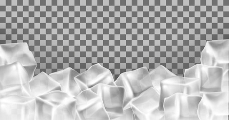 Obraz premium Vector 3d realistic ice cubes frame, border. Square transparent frozen objects. Frost blocks isolated on translucent background.