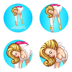 Vector avatar of fat blonde overweight woman in white blouse, pink skirt writes with chalk - summer. Pop art element for chat, blog isolated on blue background. Concept for networking, web