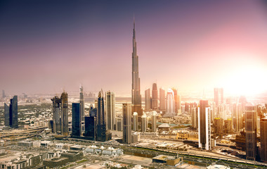 Fototapeta na wymiar Dubai downtown at sunset, United Arab Emirates
