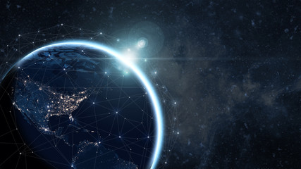 Obraz premium Global communication network concept network dots surrounding planet earth with focus on America. Information exchange via satellites.