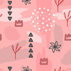 Trendy girlish seamless pattern. Repeated of crowns, flowers, geometric shapes and brush strokes. Sketch, doodle, watercolor, paint.