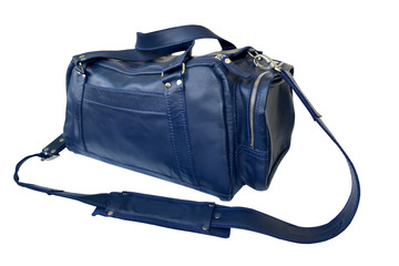 Blue traveling bag with a removable shoulder strap, it is isolated on a white background