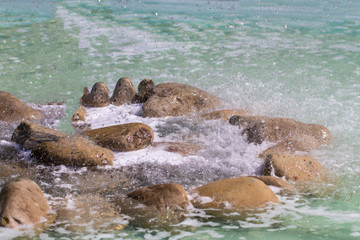 decorative stones in the blue water pool close up