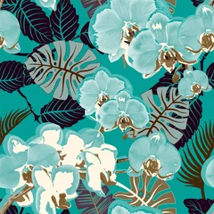 Gordijnen Colorful orchid seamless pattern. Vector floral wallpaper, tropic style © sunny_lion