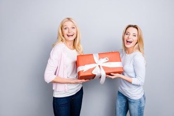 Cheerful positive wondered glad amazed mother and daughter enjoying holiday having big gift case in red package with white bow wearing casual outfits jeans isolated on grey background