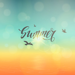 Vector travel banner with a sunrise at sea, a text “Summer” and birds. Tropical template with the blurred background, a lettering and the sun.