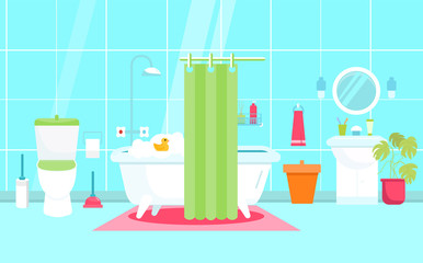 Vector Bathroom illustration in Flat style with toilet, duck. Shower furniture. Sanitary interior.