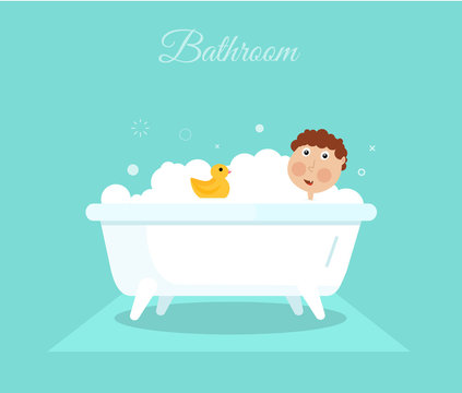 Flat smiling boy with yellow duck taking shower in bath. Cartoon hygiene illustration