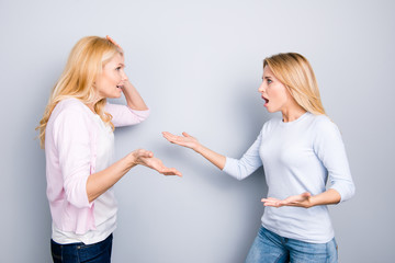 Misunderstanding disagreement insult concept, nervous irritated unhappy disappointed upset mother...