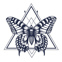 Butterfly in triangle tattoo. Dotwork tattoo.