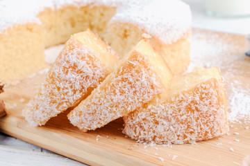 homemade sponge cake on wooden board