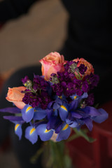 Woman Holding Bouquet of Purple and Pink Spring Flowers