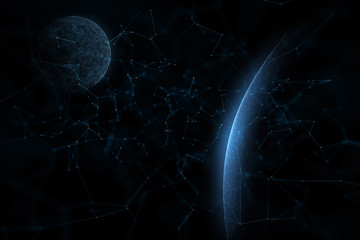 Futuristic cyberspace planets in the universe illustration. View from space.