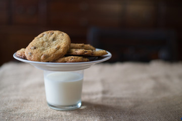 Homemade Chocolate Chip Cookies on Milk Glass Pedestal
