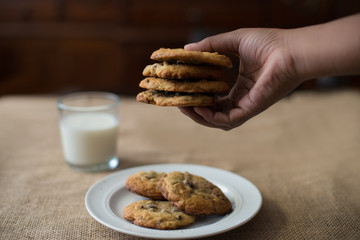Big Stack of Chocolate Chip Cookies with Milk