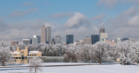 Downtown Denver Skyline in Winter Snow