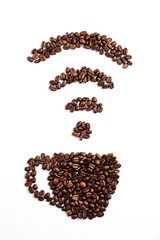 WiFi icon and cup of coffee sign. Coffee beans cup isolated. Free WiFi