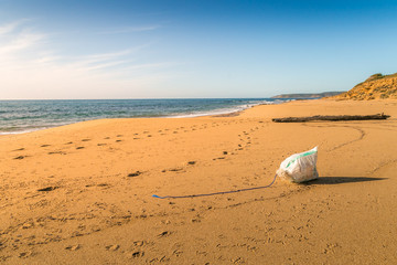 Footprints and garbage on a beach in a sunny day