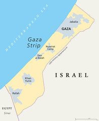 Gaza Strip political map. Self governing Palestinian territory on the coast of Mediterranean Sea that borders to Israel and Egypt. Claimed by State of Palestine. English labeling. Illustration. Vector