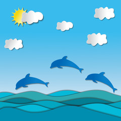 Fototapeta na wymiar Paper style vector - sea with dolphins and sun