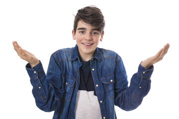 young man with a gesture of isolated incomprehension on white background