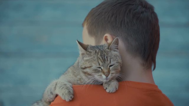 young guy stroking a cat.