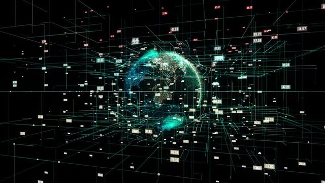 Big data visualization with digital Earth. HUD grid corners motion background. Analysis of information. Visual data infographics design. Available in 4K FullHD video render footage