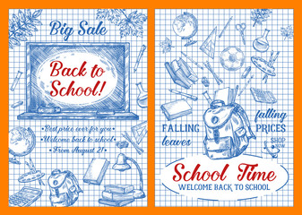 Back to School sale vector sketch posters