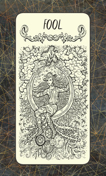 Fool. The Magic Gate tarot deck card. Fantasy engraved illustration with occult mysterious symbols and esoteric concept, vintage background