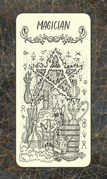 Magician. The Magic Gate tarot deck card. Fantasy engraved illustration with occult mysterious symbols and esoteric concept, vintage background