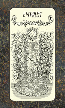 Empress. The Magic Gate tarot deck card. Fantasy engraved illustration with occult mysterious symbols and esoteric concept, vintage background