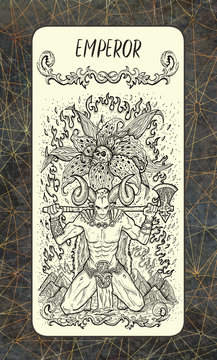 Emperor. The Magic Gate tarot deck card. Fantasy engraved illustration with occult mysterious symbols and esoteric concept, vintage background