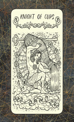 Knight of cups. The Magic Gate tarot deck card. Fantasy engraved illustration with occult mysterious symbols and esoteric concept, vintage background