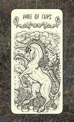 Page of cups. The Magic Gate tarot deck card. Fantasy engraved illustration with occult mysterious symbols and esoteric concept, vintage background