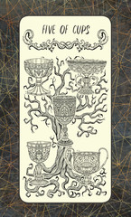 Five of cups. The Magic Gate Tarot deck card. Fantasy engraved illustration with occult mysterious symbols and esoteric concept, vintage background