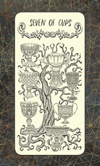 Seven of cups. The Magic Gate Tarot deck card. Fantasy engraved illustration with occult mysterious symbols and esoteric concept, vintage background