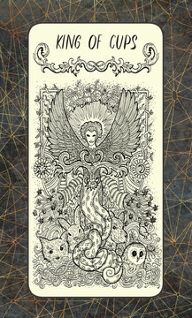 King of cups. The Magic Gate tarot deck card. Fantasy engraved illustration with occult mysterious symbols and esoteric concept, vintage background