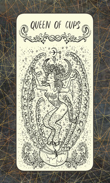 Queen of cups. The Magic Gate tarot deck card. Fantasy engraved illustration with occult mysterious symbols and esoteric concept, vintage background