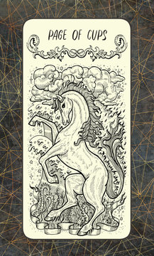 Page of cups. The Magic Gate tarot deck card. Fantasy engraved illustration with occult mysterious symbols and esoteric concept, vintage background