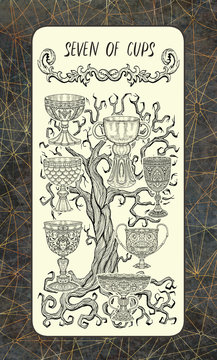 Seven of cups. The Magic Gate Tarot deck card. Fantasy engraved illustration with occult mysterious symbols and esoteric concept, vintage background