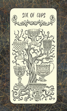 Six of cups. The Magic Gate Tarot deck card. Fantasy engraved illustration with occult mysterious symbols and esoteric concept, vintage background