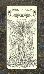 Knight of swords. The Magic Gate Tarot deck card. Fantasy engraved illustration with occult mysterious symbols and esoteric concept, vintage background