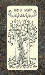 Two of swords. The Magic Gate Tarot deck card. Fantasy engraved illustration with occult mysterious symbols and esoteric concept, vintage background